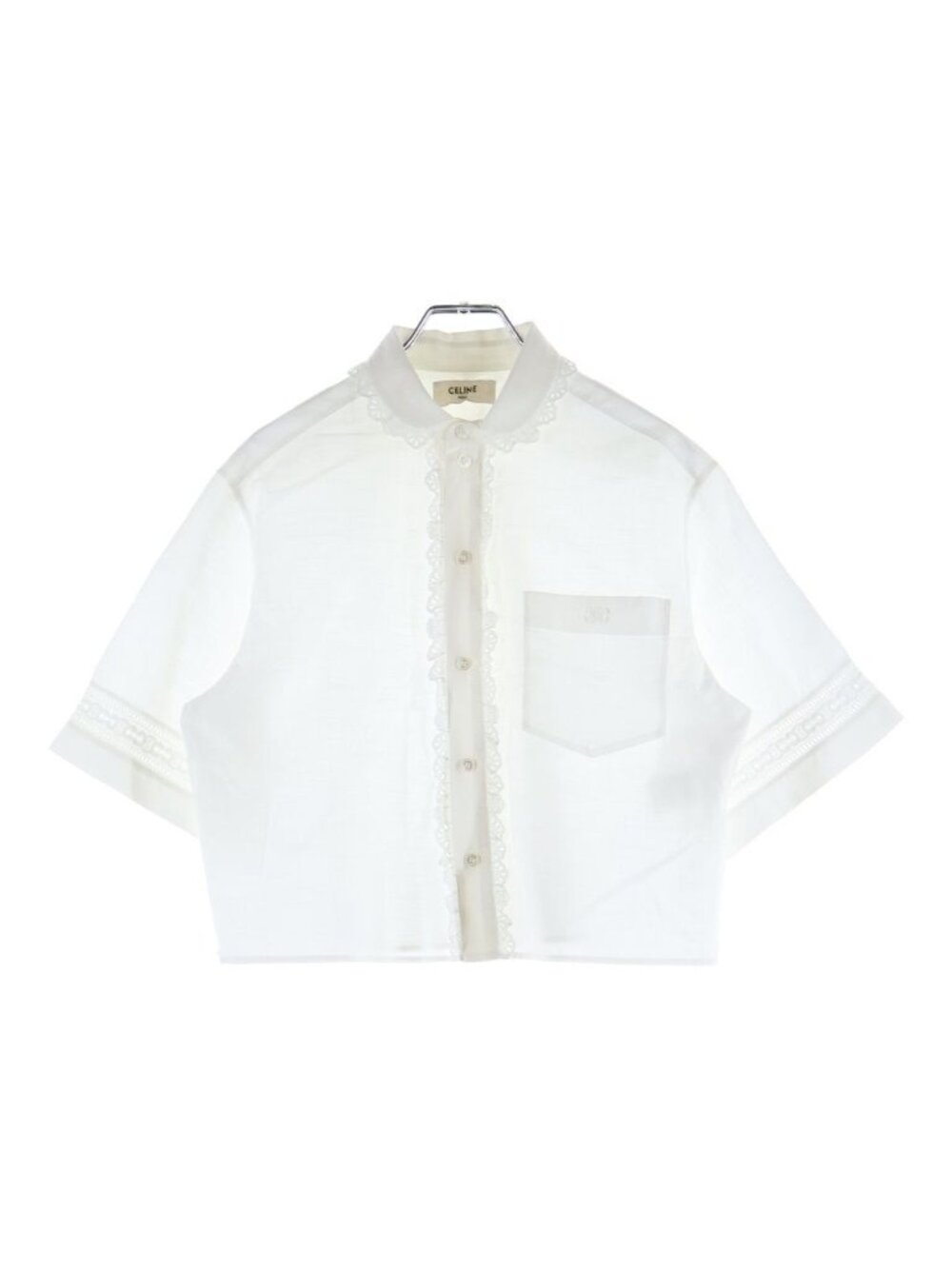 Celine Triomphe Short Sleeve Cropped Ruffle Blouse White